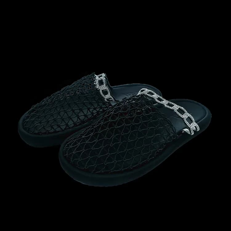 Black mesh mule slippers